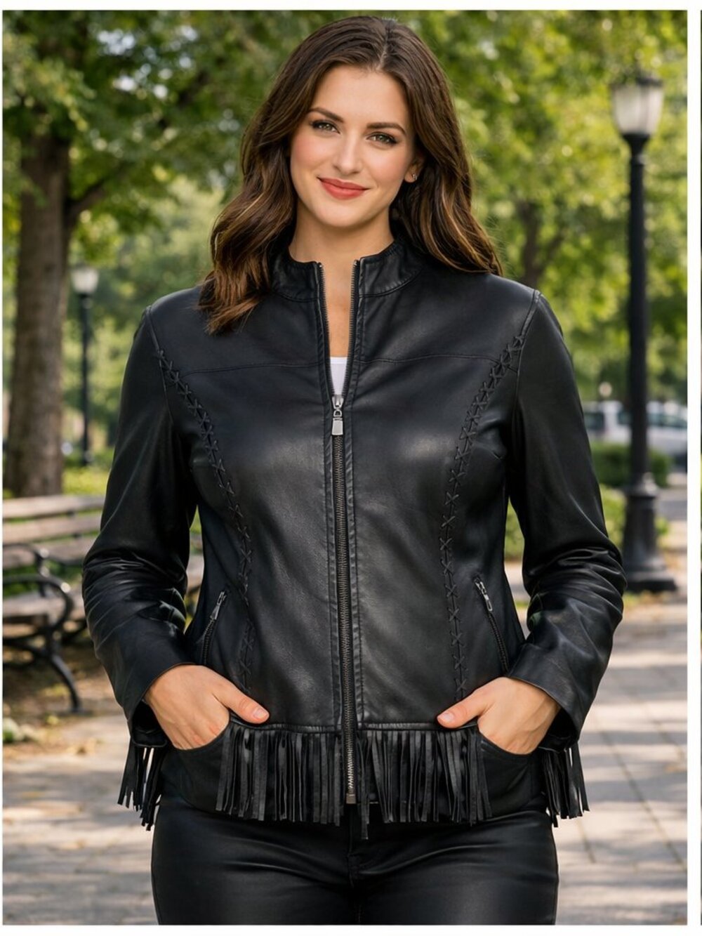 Pamela McCoy Black Leather Fringe Jacket - Picture 2 of 10
